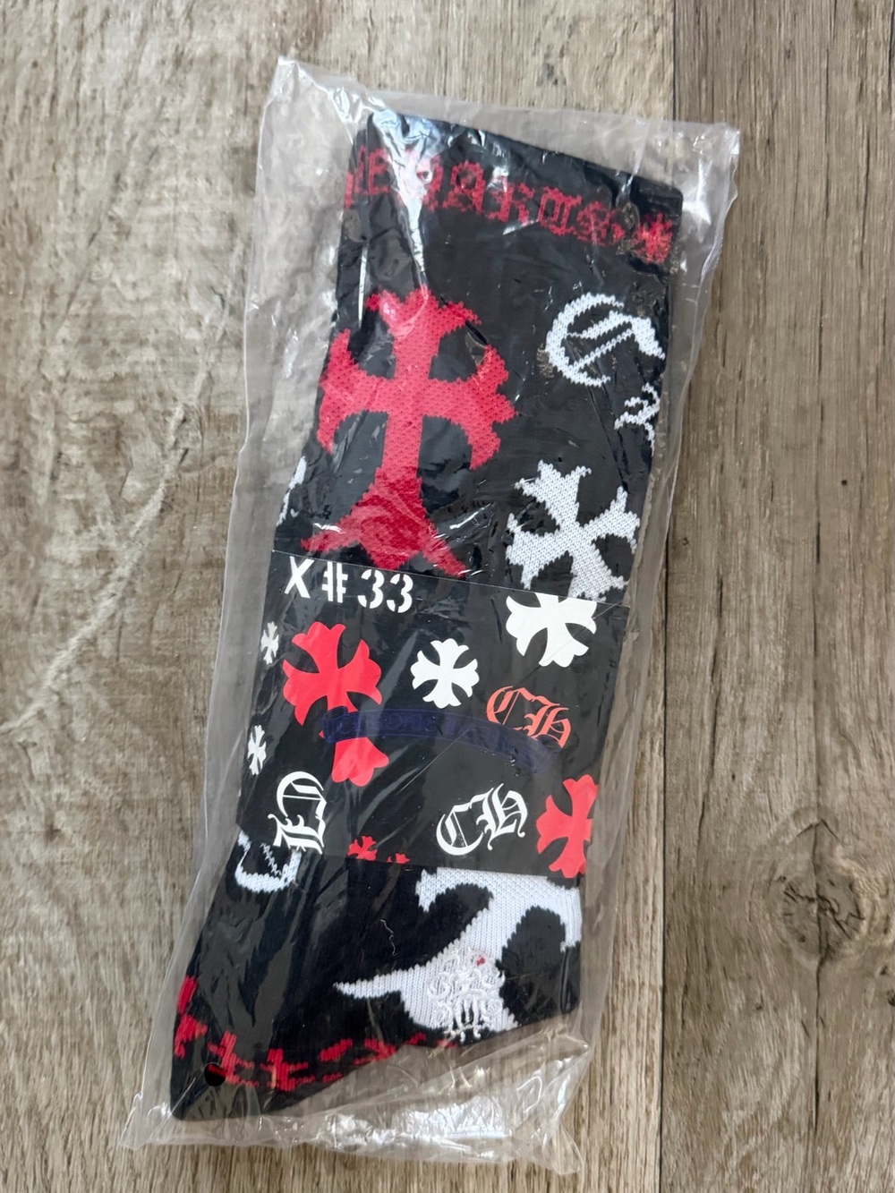 Black Chrome Socks with Red & White Cross Pattern